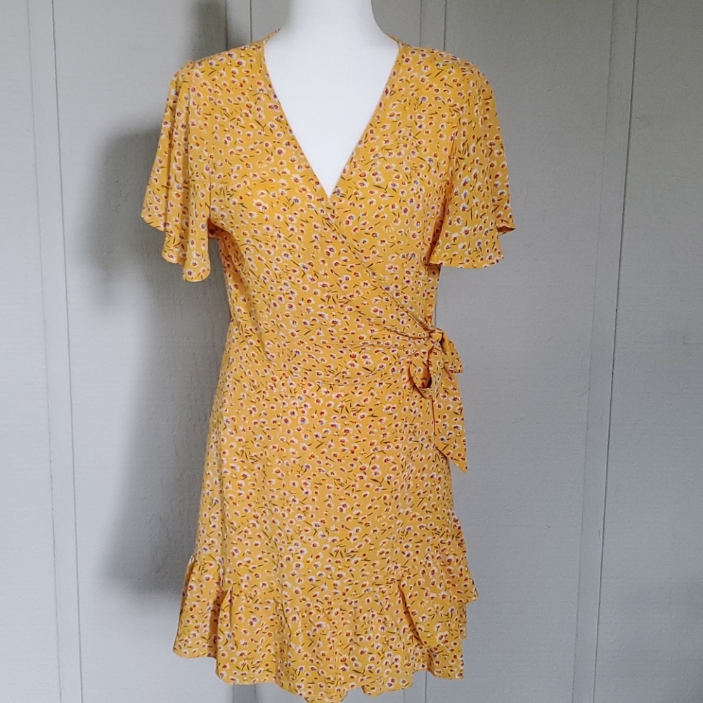 Yellow Ruffle Floral Wrap Dress - Picture 1 of 11